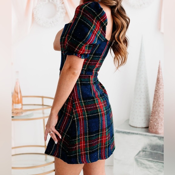 Festive Plaid Tweed Mini Dress - Picture 2 of 6